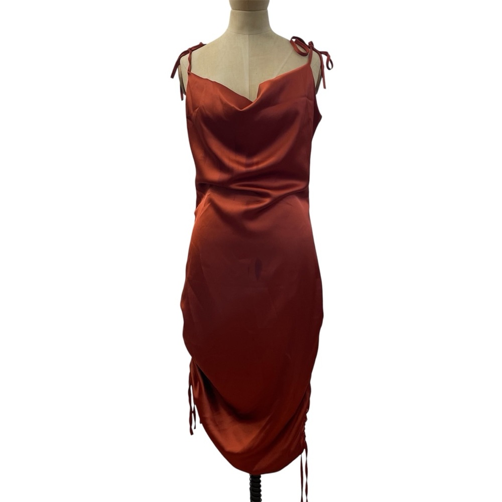 NWT Cocktail Chic Half Island Satin Mini Dress Large Cowl Rust  Minimalist Glam